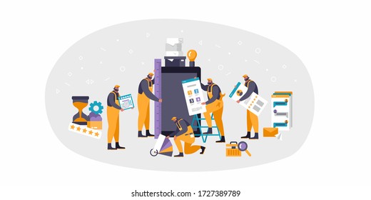 Mobile app construction vector illustration. Orange workers are building mobile app - perfect colors, reviews, ratings, dimensions.