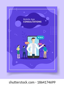 mobile app consultations people standing around smartphone doctor on screen display for template of banners, flyer, books cover, magazines