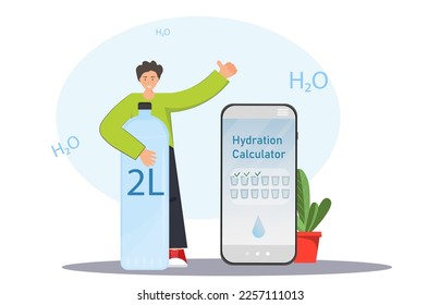 Mobile app for counting drinking water, man holding a bottle of water, water balance per day, scheduling health, healthy lifestyle concept, flat vector illustration