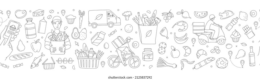 Mobile app courier delivering order online shop. Supermarket grosery store food, drinks, market seamless thin line icons background pattern. Vector illustration in linear simple style. Black and white