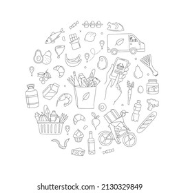 Mobile app courier delivering order online shop. Supermarket grosery store food, drinks, market circle thin line icons background pattern. Vector illustration in linear simple style. Black and white