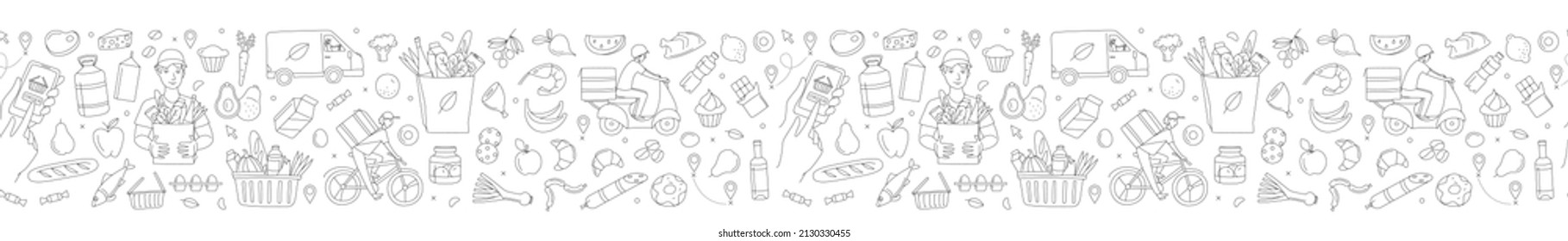 Mobile app courier delivering order online shop. Supermarket grosery store food, drinks, market seamless thin line icons background pattern. Vector illustration in linear simple style. Black and white