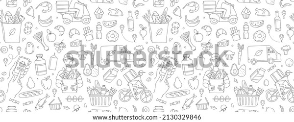 Mobile app courier delivering order online shop.
Supermarket grosery store food, drinks, market seamless thin line
icons background pattern. Vector illustration in linear simple
style. Black and white