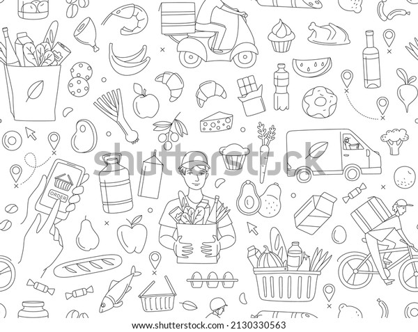 Mobile app courier delivering order online shop.\
Supermarket grosery store food, drinks, market seamless thin line\
icons background pattern. Vector illustration in linear simple\
style. Black and white