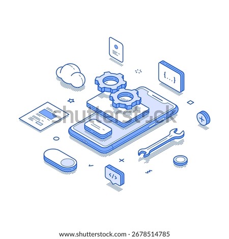 Mobile app create software development programming interface isometric vector illustration. Smartphone hardware digital technology big data build information engineering communication process
