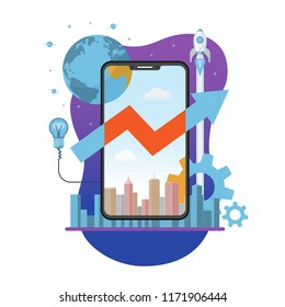 Mobile app creation, launch and development concept. New internet business project start up. Flat design vector illustration