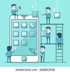 Mobile app creation process. Small people, team creates mobile application design. Simple style vector illustration