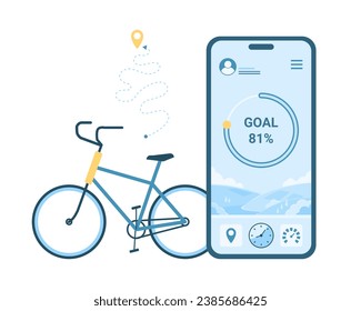 Mobile app for cycling vector illustration. Cartoon isolated bicycle, smartphone screen with distance and speed bar, goal sign and timer on application for bike race and fitness training of cyclist