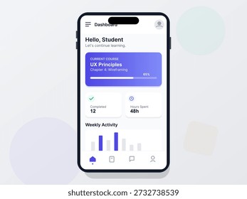 Um painel de aplicativos móveis exibe o progresso de um aluno em um curso de UX. Os recursos incluem tarefas concluídas, horas gastas e gráficos de atividades semanais para o compromisso de aprendizado.