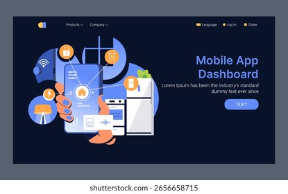 Ilustración vectorial del tablero del App móvil con una mano que sostiene un smartphone. Cuenta con iconos de control y conectividad inteligente para el hogar, que incluyen seguridad, energía y electrodomésticos.