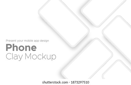 Mobile App Design Clay Phone Showcase Mockup With Space For Text Isolated On White Background. Vector Illustration