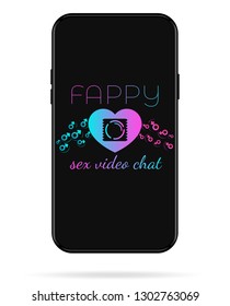 mobile app design concept. Ultraviolet heart on dark black background with man and woman gender symbols. sex video chat service  vector logo and ui design element. Start page. Condom icon with camera 