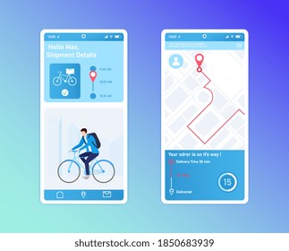 Diseño de aplicaciones móviles para el servicio de seguimiento de entregas. Elementos de interfaz, iconos y símbolos. Courier en bicicleta haciendo el pedido. Concepto de entrega en línea. UI y UX. Ilustración vectorial de dibujos animados planos.