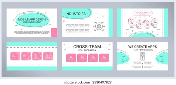 Mobile app design and development presentation templates set. User experience. Smartphone software. Ready made PPT slides on white background. Graphic design. Roboto, Arial fonts used