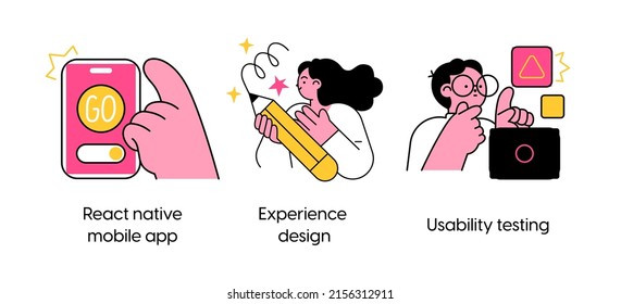Mobile app design and development process - set of business concept illustrations. Mobile app, experience design, usability testing. Visual stories collection.