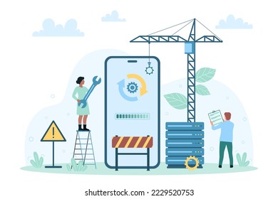 Mobile app design development vector illustration. Cartoon tiny people building application interface with construction crane and software, builders work with engineering startup on phone screen