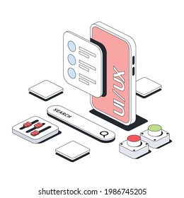 Mobile app design elements, application development. Vector 3d line isometric, color web icons, new flat style. Creative design idea for infographics.