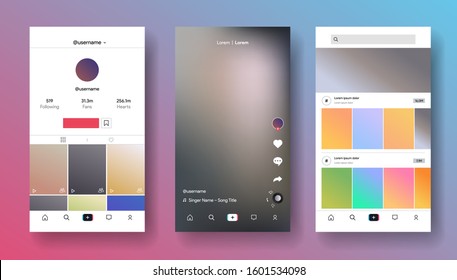 Mobile App Design Inspired By Tik Tok Style. Teen Social Media For Making Story, Music Video, Blogging. Blog Application Interface. Streaming Service Screen. Vector Illustration
