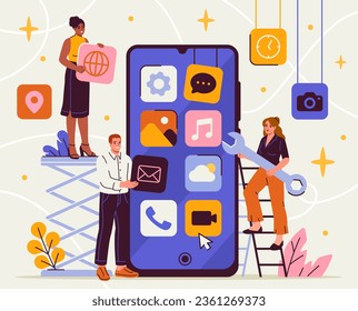 Mobile app design poster. Colorful banner with characters and gadget, smartphone and home screen online application icons. People develop modern technologies. Cartoon flat vector illustration
