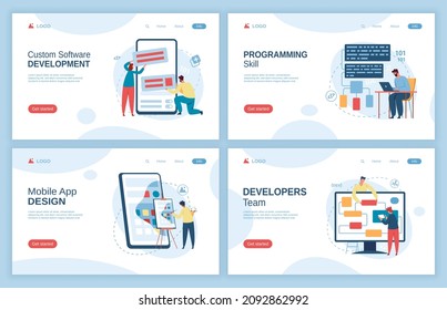 Diseño de aplicaciones móviles, plantilla de página de inicio de desarrollo de software. Conocimientos de programación, ui ux design, construcción de sitios web concepto vector set. Caracteres que construyen aplicaciones para smartphones