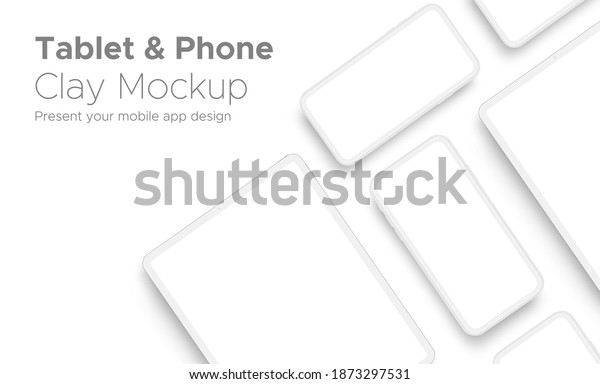 Mobile App Design Tablet Computer and\
Smartphone Clay Mockup With Space for Text Isolated on White\
Background. Vector\
Illustration