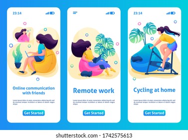 Mobile app design, template. 2D character stays at home, quarantined. Girl plays sports, works online