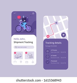 
Mobile App Design Template for Delivery Tracking Service. Interface Elements, Icons, Background. Courier Delivering Parcel Box. Online Delivery. Ui Concept. Flat Cartoon Vector Illustration.