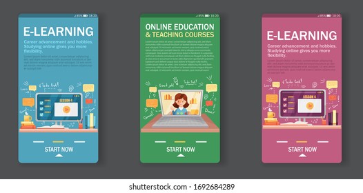 Mobile App design template for Online Education, courses, E-learning, Video Tutorials. Colorful templates with laptop, desk, workplace and hand drawn elements. Vector cartoon illustration 