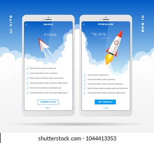 Mobile app design template for price list set, tariff plan, pricing table for business with icons and illustrations. Clean modern UI UX design. Can be used in web interface. Vector, eps 10