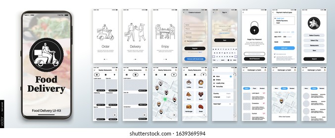 Mobile app design, UI, UX, GUI Mockups Set. Enter login and password and a screen with a choice of restaurants and cafes. City map navigation and customer reviews