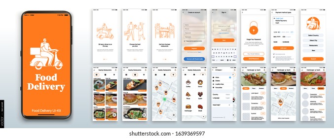 Mobile app design, UI, UX, GUI Mockups Set. Enter login and password and a screen with a choice of restaurants and cafes. City map navigation and customer reviews