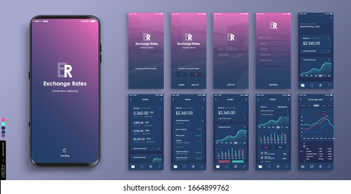 
Mobile app design, UI, UX. A set of graphic screens with the login and password, home page, exchange rate, list of payments, archim exchange rates and current account information.