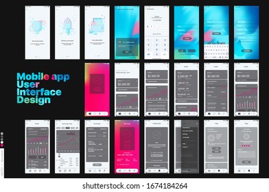 Mobile app design, UI, UX. A set of graphic screens with the login and password, home page, exchange rate, list of payments, archim exchange rates and current account information.