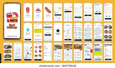 Mobile app design, UI, UX, GUI Mockups Set. Enter login and password and a screen with a choice of restaurants and cafes. City map navigation and customer reviews