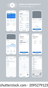 Mobile app design. UI UX wireframe kit for smartphone. New OS Finances screens.