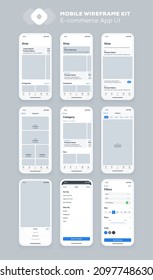 Mobile app design. UI UX wireframe kit for smartphone. New OS E-commerce screens.