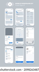 Mobile app design. UI UX wireframe kit for smartphone. New OS Food screens.