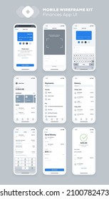 Mobile app design. UI UX wireframe kit for smartphone. New OS Finances screens.