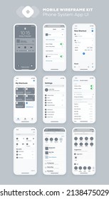 Mobile app design. UI UX wireframe kit for smartphone. New OS System screens.