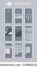 Mobile app design. UI UX wireframe kit for smartphone. New OS System screens.