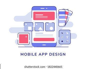 Mobile app design ui wireframe on display smartphone screen white isolated background with flat outline style