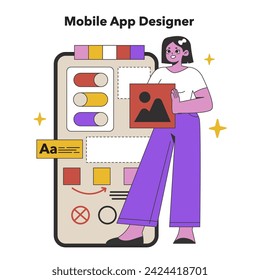 Mobile App Designer in Creative Process. A tech-savvy artist designs an engaging user interface on a smartphone, showcasing innovation in app development. Flat vector illustration