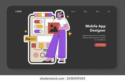 Mobile App Designer in Creative Process. A tech-savvy artist designs an engaging user interface on a smartphone, showcasing innovation in app development. Flat vector illustration