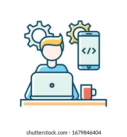 Mobile app developer blue RGB color icon. Freelancer, remote employee, smartphone software creator. Application development, coding, programming, UI design. Isolated vector illustration