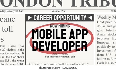 Mobile app developer career. Recruitment offer - job ad. Newspaper classified ad career opportunity.