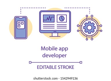 Mobile app developer concept icon. Software programming idea thin line illustration. Application performance. Developing for portable gadget. Vector isolated outline drawing. Editable stroke