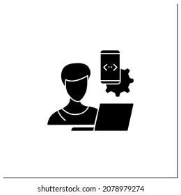 Mobile app developer glyph icon.Making software for smartphones.Development mobile application. Workplace. Freelance professions.Filled flat sign. Isolated silhouette vector illustration