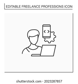 Mobile app developer line icon.Making software for smartphones.Development mobile application. Workplace. Freelance professions concept. Isolated vector illustration. Editable stroke