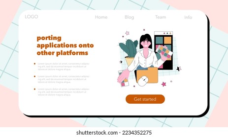 Mobile app developer web banner or landing page. Smartphone application interface design for different platforms. IT specialist building a software for mobile devices. Vector flat illustration