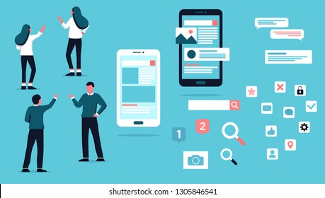 Mobile app developmen set. Man and woman developers, phone, icons set, layers, messages, search barimage, blocks